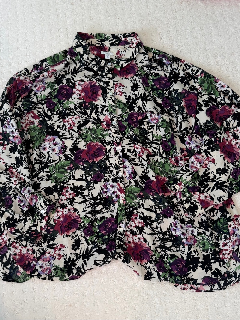 J. Jill Floral Button-Down Shirt - White with Purple & Green Print